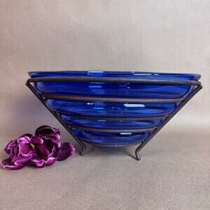 Blue Bubble Caged Glass Bowl with Black Metal